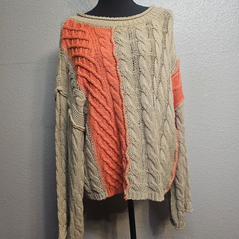 POL M Colorblock Cable Knit Sweater Oatmeal Coral Orange Wool Blend Chunky HH520